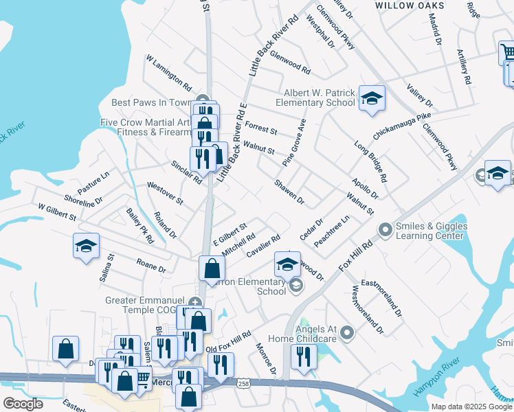 map of restaurants, bars, coffee shops, grocery stores, and more near 66 Riverchase Drive in Hampton