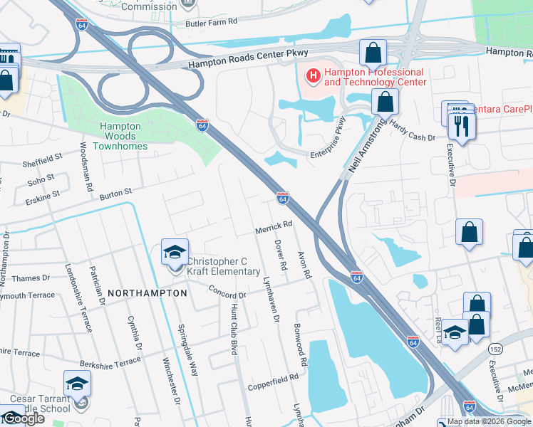 map of restaurants, bars, coffee shops, grocery stores, and more near 8 Olson Court in Hampton