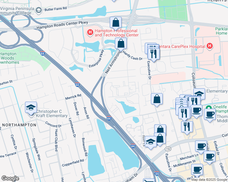 map of restaurants, bars, coffee shops, grocery stores, and more near 71 Wells Court in Hampton