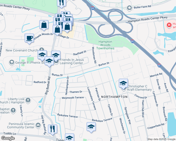 map of restaurants, bars, coffee shops, grocery stores, and more near 715 Burton Street in Hampton