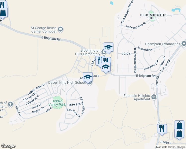 map of restaurants, bars, coffee shops, grocery stores, and more near 3239 South 840 East in St. George