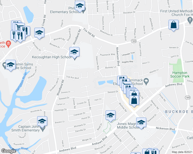 map of restaurants, bars, coffee shops, grocery stores, and more near 235 Loch Circle in Hampton