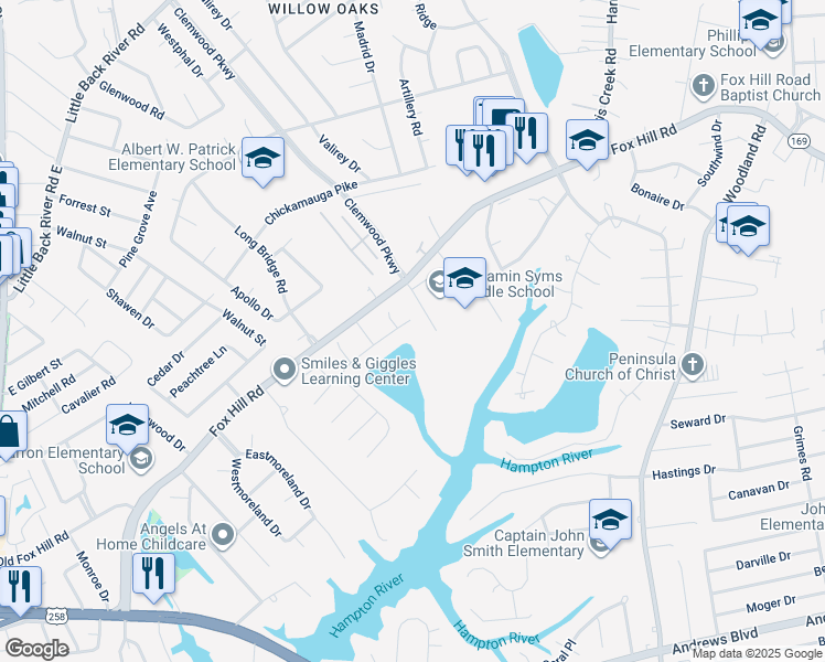 map of restaurants, bars, coffee shops, grocery stores, and more near 40 Great Lakes Drive in Hampton