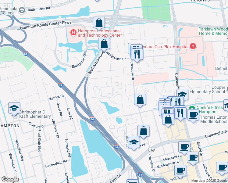 map of restaurants, bars, coffee shops, grocery stores, and more near 304 Pacific Drive in Hampton