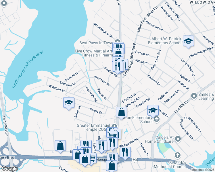 map of restaurants, bars, coffee shops, grocery stores, and more near 14 Westover Street in Hampton