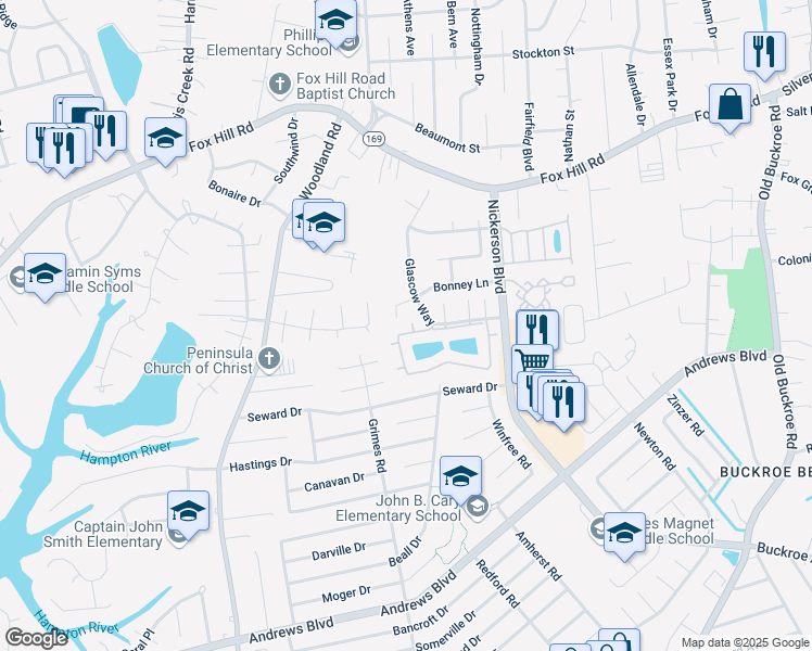 map of restaurants, bars, coffee shops, grocery stores, and more near 7 Bonney Lane in Hampton