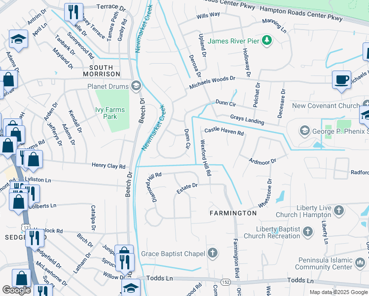 map of restaurants, bars, coffee shops, grocery stores, and more near 226 Dunn Circle in Hampton