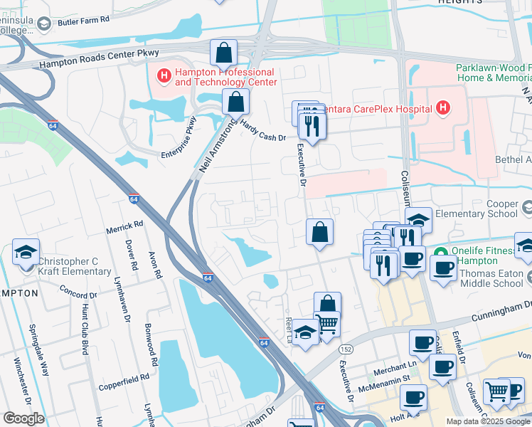map of restaurants, bars, coffee shops, grocery stores, and more near 232 Pacific Drive in Hampton