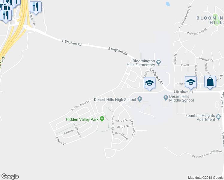 map of restaurants, bars, coffee shops, grocery stores, and more near 3755 South Hidden Valley Drive in Saint George