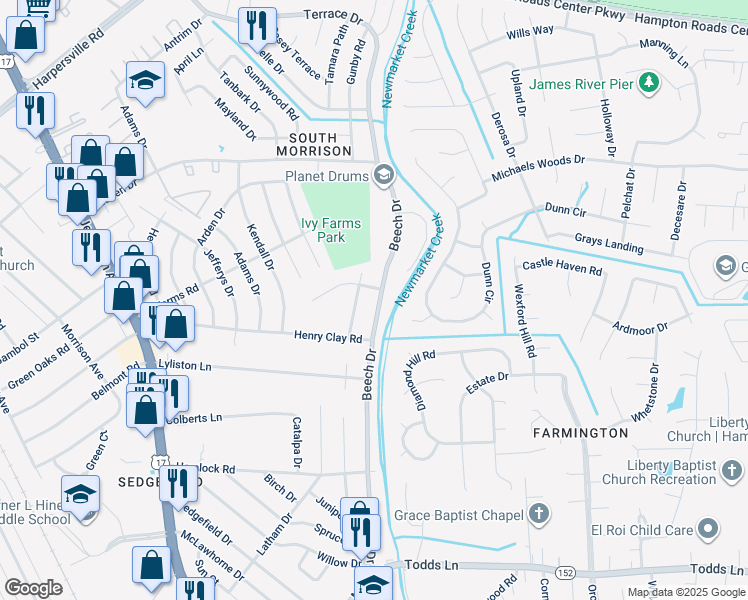 map of restaurants, bars, coffee shops, grocery stores, and more near 557 Beech Drive in Newport News
