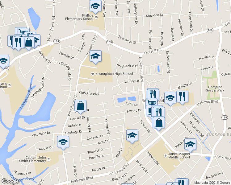 map of restaurants, bars, coffee shops, grocery stores, and more near 7 Bonney Lane in Hampton