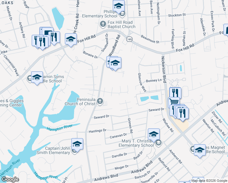 map of restaurants, bars, coffee shops, grocery stores, and more near 515 Timberneck Court in Hampton