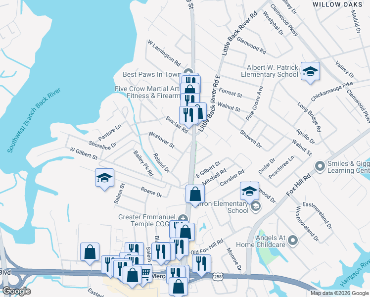map of restaurants, bars, coffee shops, grocery stores, and more near 8 Rebel Street in Hampton