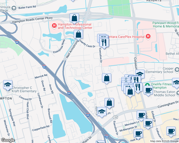 map of restaurants, bars, coffee shops, grocery stores, and more near 24 Pacific Drive in Hampton
