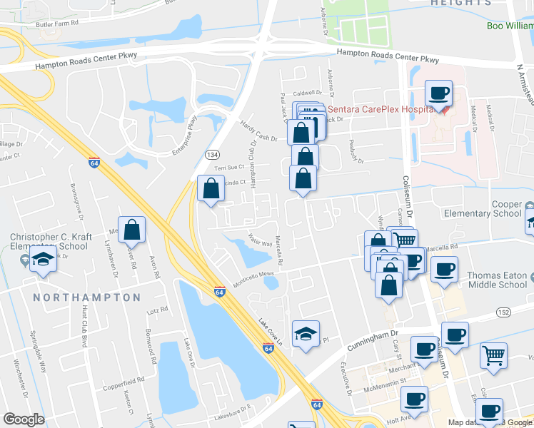 map of restaurants, bars, coffee shops, grocery stores, and more near 24 Pacific Drive in Hampton