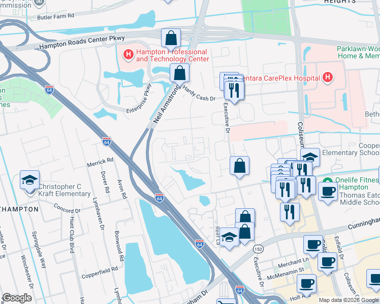 map of restaurants, bars, coffee shops, grocery stores, and more near 131 Haverford Court in Hampton