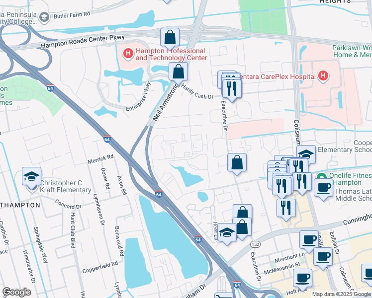 map of restaurants, bars, coffee shops, grocery stores, and more near 131 Haverford Court in Hampton