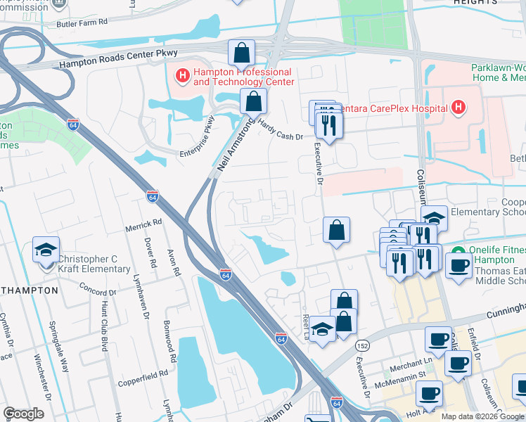 map of restaurants, bars, coffee shops, grocery stores, and more near 131 Haverford Court in Hampton
