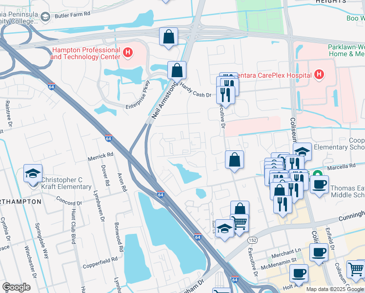 map of restaurants, bars, coffee shops, grocery stores, and more near 131 Haverford Court in Hampton
