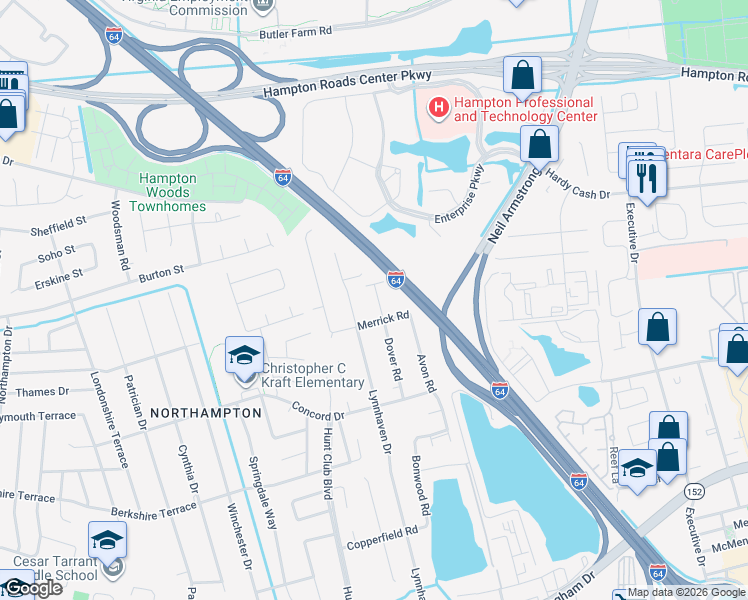map of restaurants, bars, coffee shops, grocery stores, and more near 8 Olson Court in Hampton