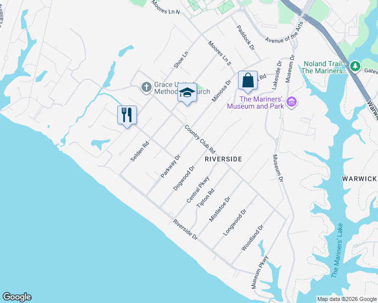 map of restaurants, bars, coffee shops, grocery stores, and more near 209 Parkway Drive in Newport News