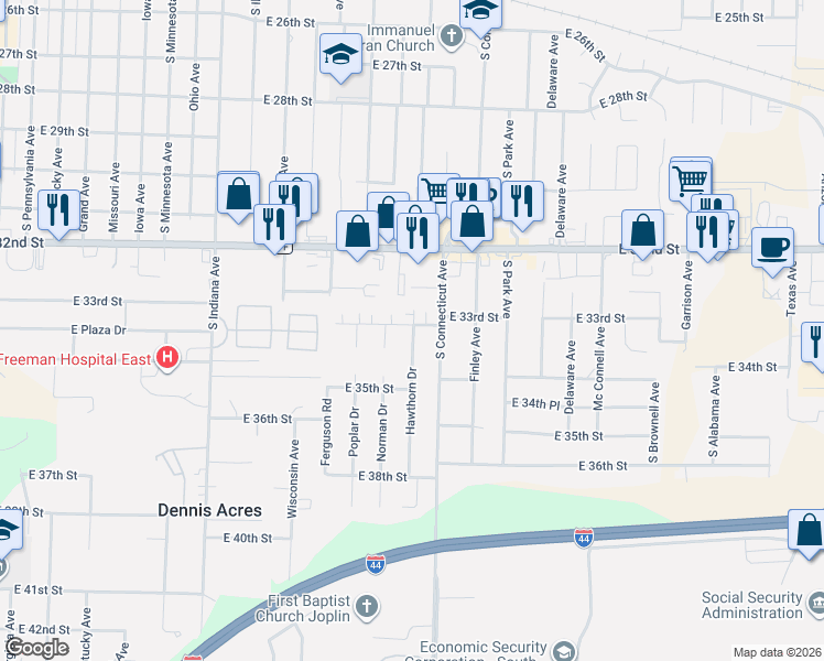 map of restaurants, bars, coffee shops, grocery stores, and more near in Joplin