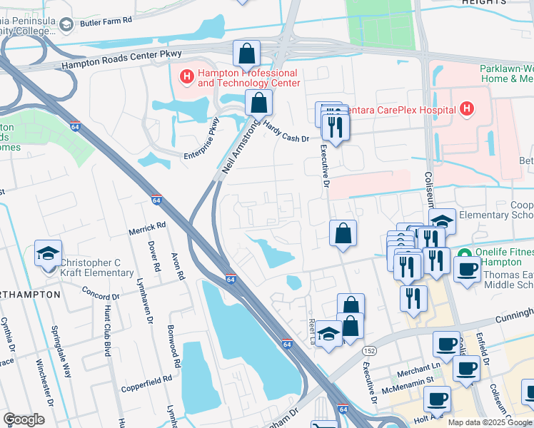 map of restaurants, bars, coffee shops, grocery stores, and more near 131 Haverford Court in Hampton