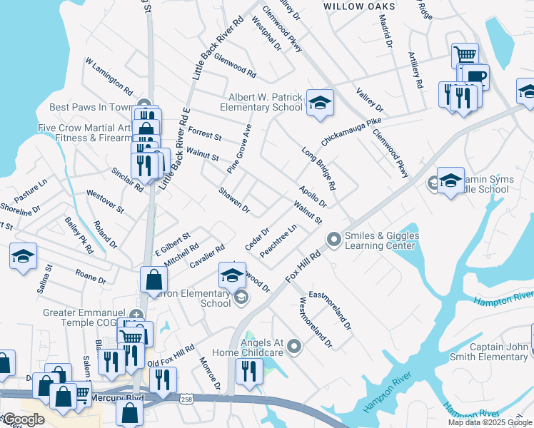 map of restaurants, bars, coffee shops, grocery stores, and more near 334 Shawen Drive in Hampton