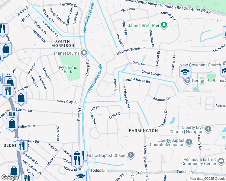 map of restaurants, bars, coffee shops, grocery stores, and more near 226 Dunn Circle in Hampton