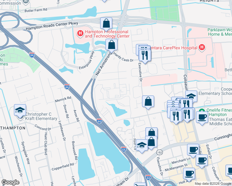 map of restaurants, bars, coffee shops, grocery stores, and more near 131 Haverford Court in Hampton