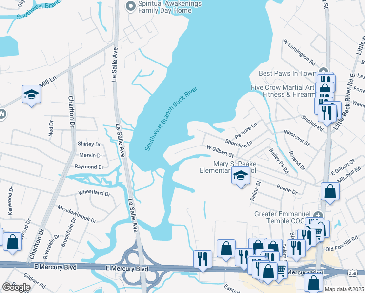 map of restaurants, bars, coffee shops, grocery stores, and more near 14 Eagle Point Road in Hampton