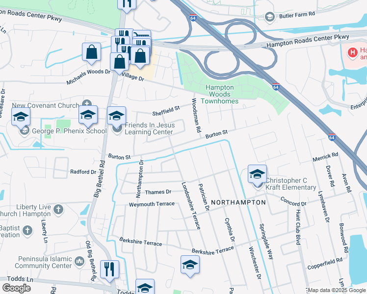 map of restaurants, bars, coffee shops, grocery stores, and more near 715 Burton Street in Hampton