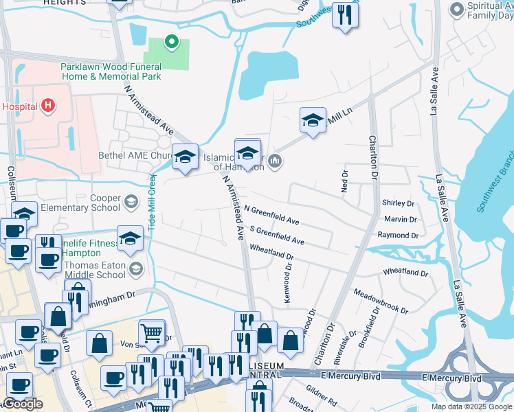 map of restaurants, bars, coffee shops, grocery stores, and more near 9 North Greenfield Avenue in Hampton