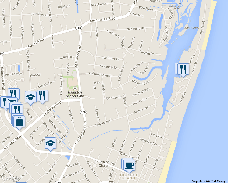 map of restaurants, bars, coffee shops, grocery stores, and more near 18 Chowning Drive in Hampton