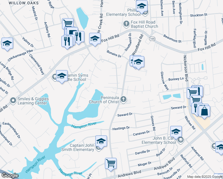 map of restaurants, bars, coffee shops, grocery stores, and more near 349 Agecroft Court in Hampton