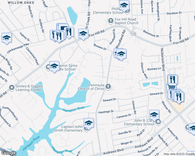 map of restaurants, bars, coffee shops, grocery stores, and more near 349 Agecroft Court in Hampton