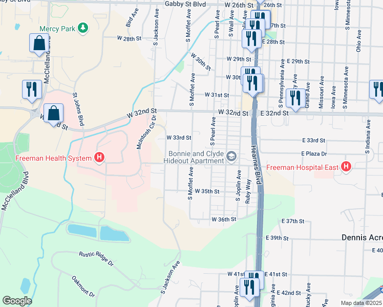 map of restaurants, bars, coffee shops, grocery stores, and more near 3321 South Moffet Avenue in Joplin
