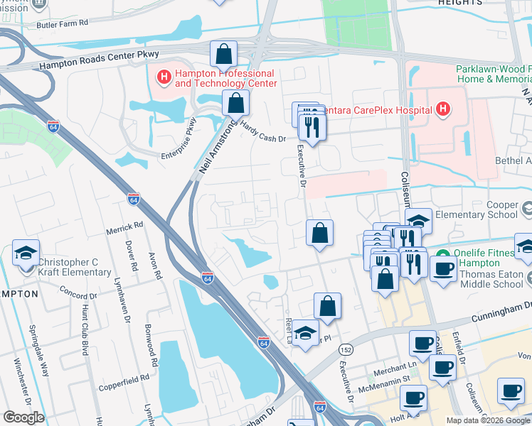 map of restaurants, bars, coffee shops, grocery stores, and more near 24 Pacific Drive in Hampton