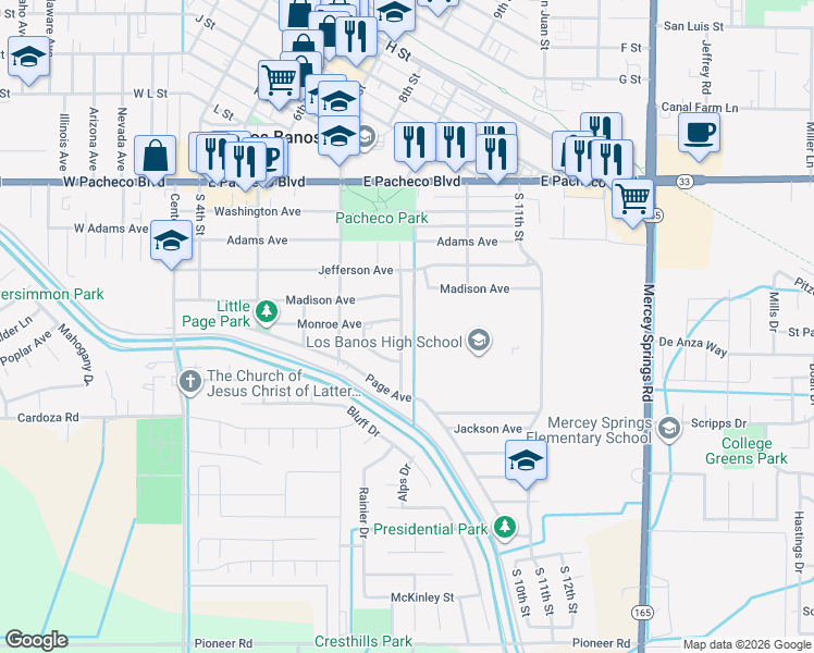 map of restaurants, bars, coffee shops, grocery stores, and more near 909 Madison Avenue in Los Banos