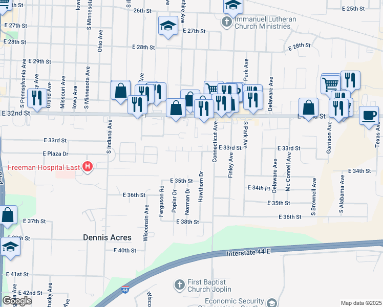 map of restaurants, bars, coffee shops, grocery stores, and more near 3303 Norman Drive in Joplin