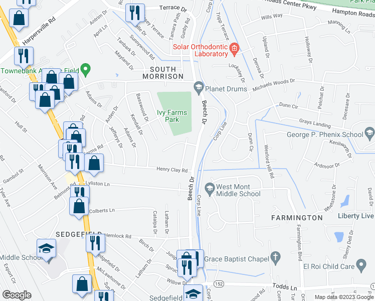 map of restaurants, bars, coffee shops, grocery stores, and more near 556 Almond Drive in Newport News