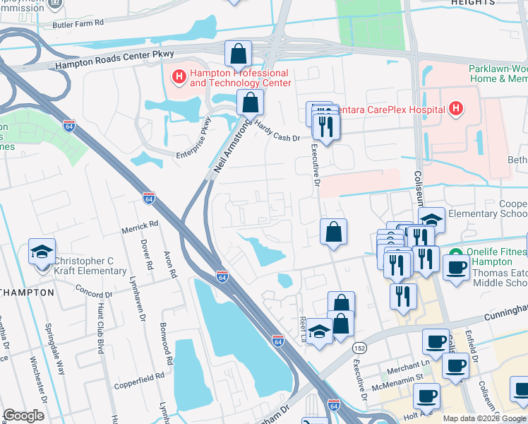map of restaurants, bars, coffee shops, grocery stores, and more near 131 Haverford Court in Hampton