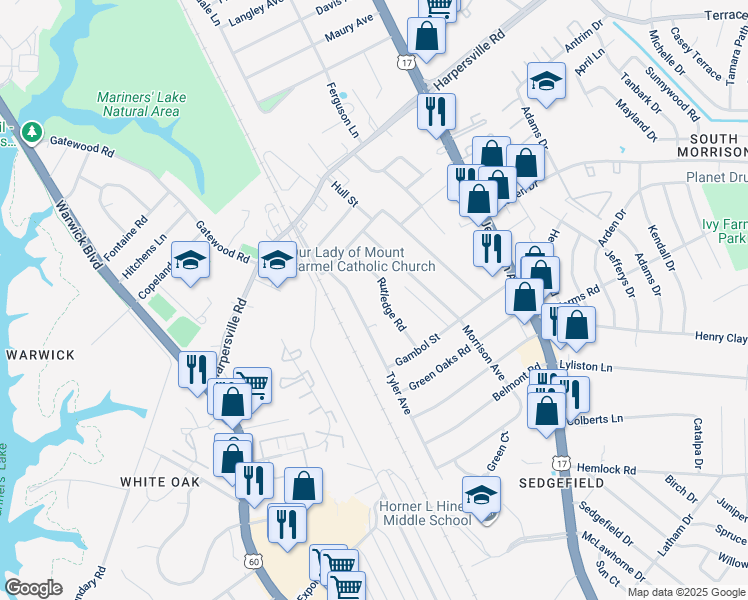 map of restaurants, bars, coffee shops, grocery stores, and more near 17 Rutledge Road in Newport News