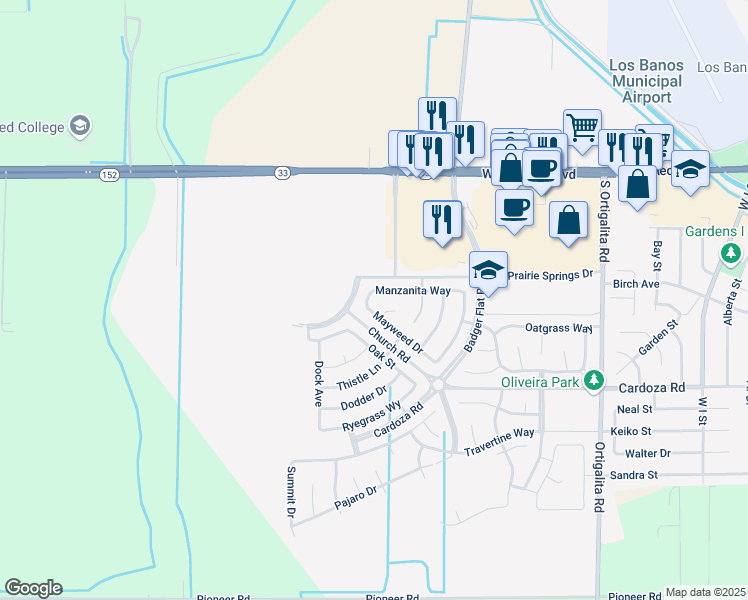 map of restaurants, bars, coffee shops, grocery stores, and more near 1587 Manzanita Way in Los Banos