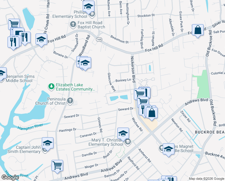 map of restaurants, bars, coffee shops, grocery stores, and more near 70 Glascow Way in Hampton