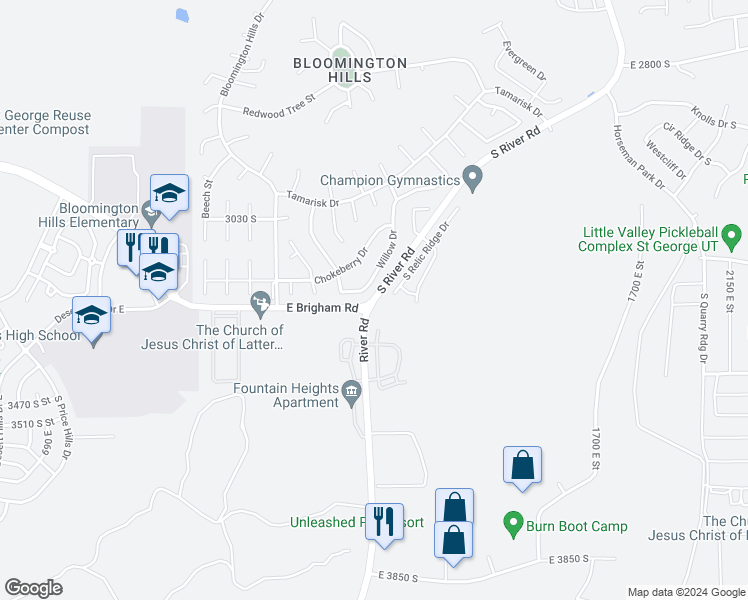 map of restaurants, bars, coffee shops, grocery stores, and more near 3201 River Road in St. George