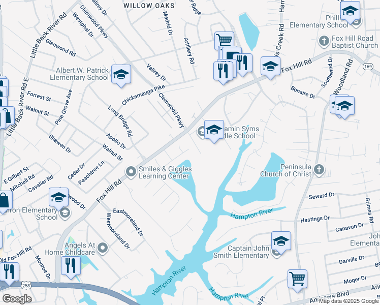 map of restaurants, bars, coffee shops, grocery stores, and more near 40 Great Lakes Drive in Hampton