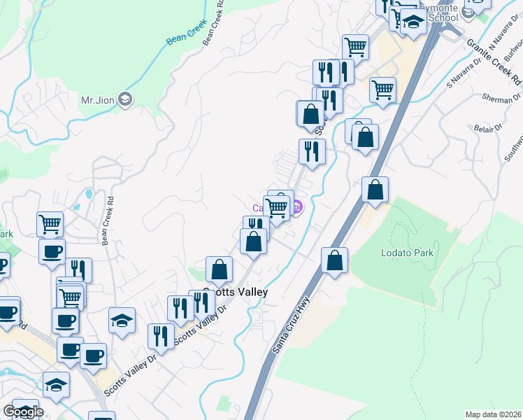 map of restaurants, bars, coffee shops, grocery stores, and more near 19 Dunslee Way in Scotts Valley