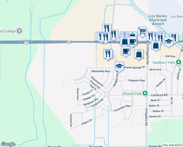 map of restaurants, bars, coffee shops, grocery stores, and more near 1587 Manzanita Way in Los Banos