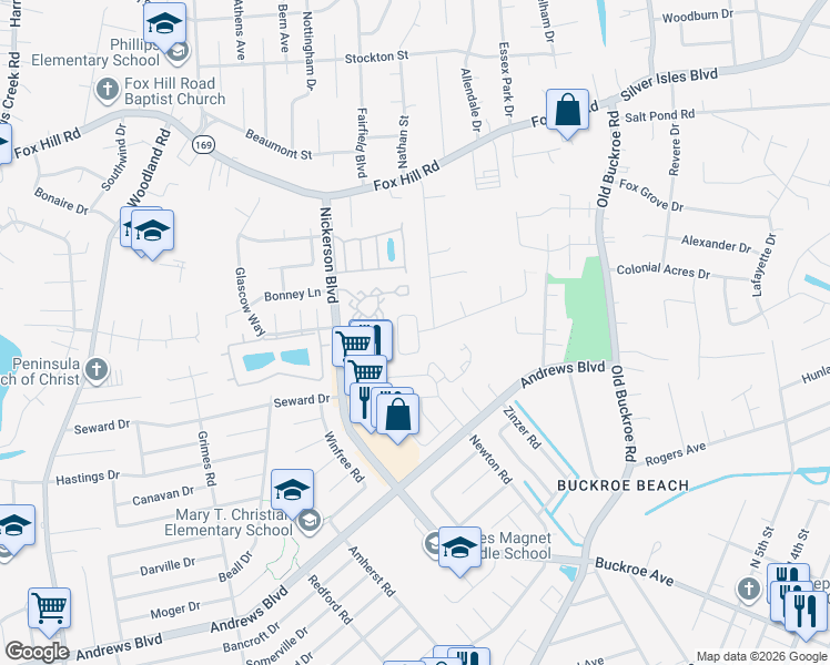 map of restaurants, bars, coffee shops, grocery stores, and more near 10 Manilla Lane in Hampton